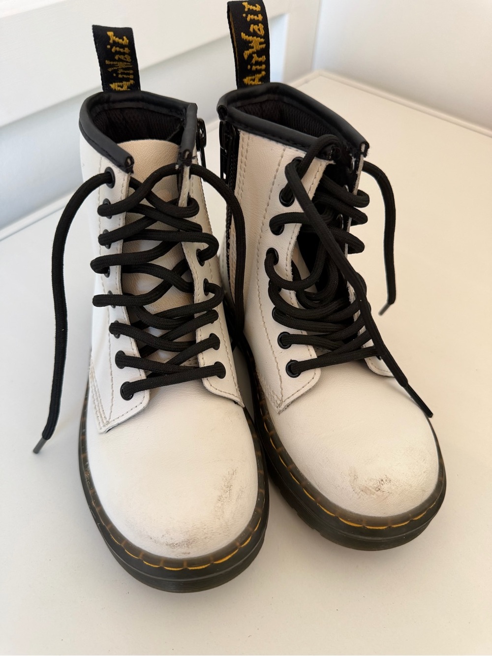 Doc Martens Kids White Lace-Up Combat Boots with Black Laces